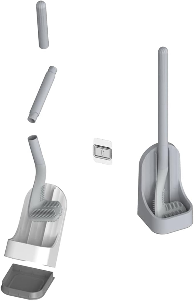 Toilet Brush, Long Handle Golf Toilet Brush with Holder 360° Deep Cleaning Flexible Silicone Toilet Cleaner Brush Wall Mounted for Bathroom (Grey)