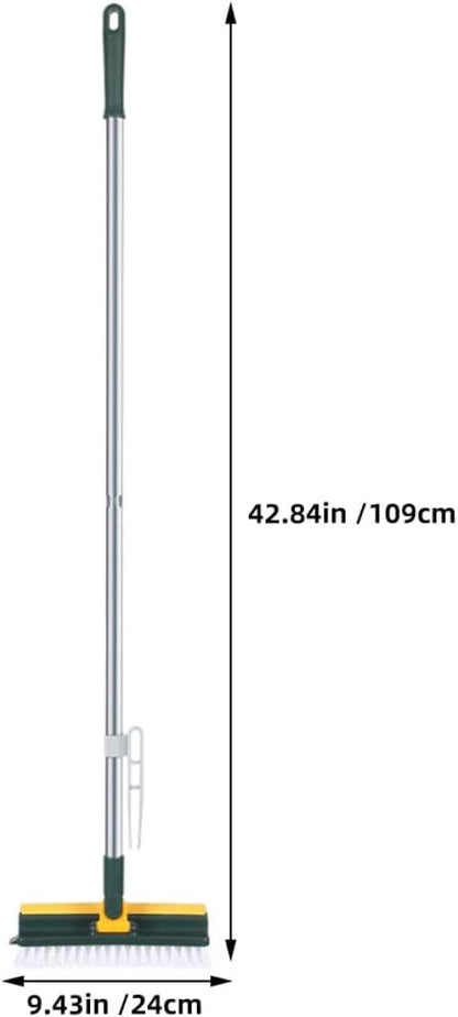Multi-Purpose Long Handle Floor Scrub Brush with Squeegee, Stiff Bristles Bathroom Floor Scrubber for Shower and Carpet Cleaning, Green Household Cleaning Brush