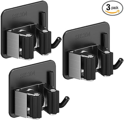 Broom Holder Wall Mount,Mop and Broom Holder Wall Mount Command,3pcs Garden Tool Organizer,304 Stainless (Black)