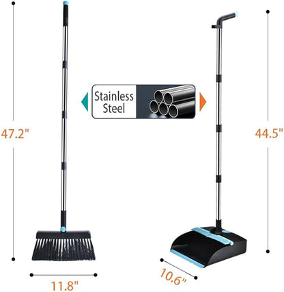 Broom and Dustpan Set for Home, Long Handle Dust Pan and Broom Combo for Indoor Outdoor Heavy Duty Dustpan Set for Kitchen Lobby Office Upright Standing Dustpan with Teeth (Deep Blue)