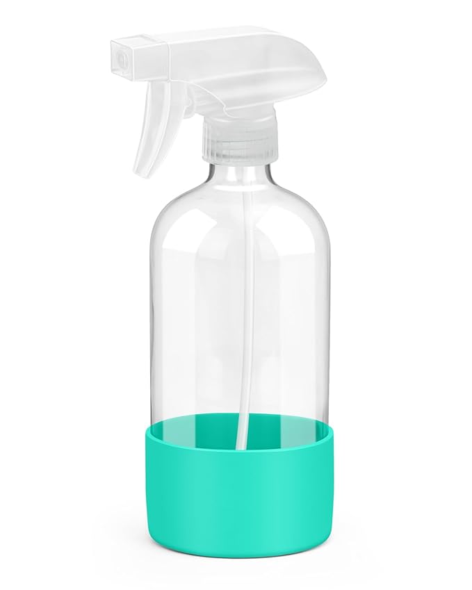 Rionisor Glass Spray Bottles with Silicone Sleeve Protection, Empty 16OZ Reusable Spray Bottles, Refillable Containers with Spray Nozzles for Cleaning Solutions, Plants and Essential Oils 1 Pack Green
