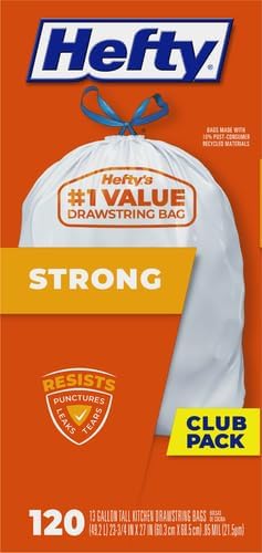 Hefty Strong White 13 Gallon Trash Bags with Drawstrings, Unscented Tall Kitchen Trash Bags, Resists Leaks, Punctures, and Tears, Durable Closure, 120 Ct. (Pack of 3)