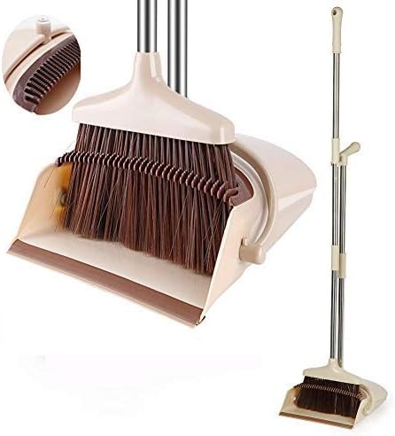Broom and Dustpan Set Upright Self-Cleaning Sweeping Standing Set Use for Office Kitchen Home and Lobby Broom and Dustpan Combo (Beige)
