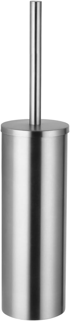 Toilet Brush and Brush Holder - Brushed Nickel Toilet Brush Stainless Steel Round Toilet Brush with Removable Inner Bucket and Splash-Proof Metal Cover Protection - Dense Bristles (with Handle)