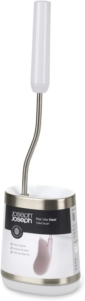 Joseph Joseph Flex Lite Silicone Toilet Brush with Slimline Holder Set, Flexible Head, drip, Anti-Clog deep Clean - Stainless Steel