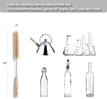4 Pcs Bamboo Bottle Brush Set by HELLO NATURE – Long Handle Cleaning Brushes for Water Bottles, Baby Bottles & Glassware, Sustainable & Plastic-Free
