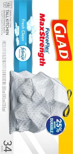 Glad ForceFlex MaxStrength Kitchen Trash Bags, 13 Gal, Fresh Clean Febreze, 34 Ct (Package May Vary) (Pack of 2)