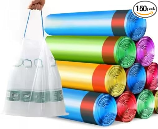 Disposable Durable Trash Bags, 4 Gallon Capacity, 45x50cm, Small to Medium Size, for Office Kitchen Bathroom, Drawstring (150)