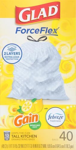 Glad ForceFlex Trash Bags 13 Gallon Gain Lemon Zest | Tall Kitchen | Drawstring | Dual Layer Protection | 40 Count, Pack of 6