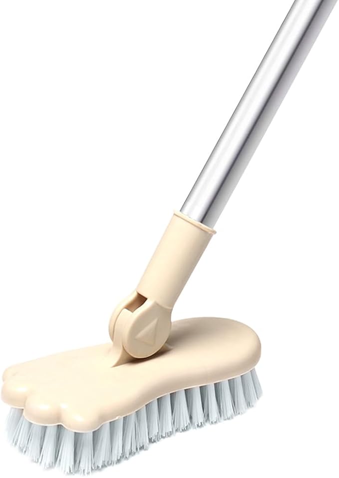 LandHope Long Handled Scrub Brush Rotatable Brush Head Floor Brush Scrubber Adjustable Poles Small Shower Tile Grout Scrubber Cleaning Brush for Bathroom Bathtub Kitchen Balcony Wall Deck - Beige