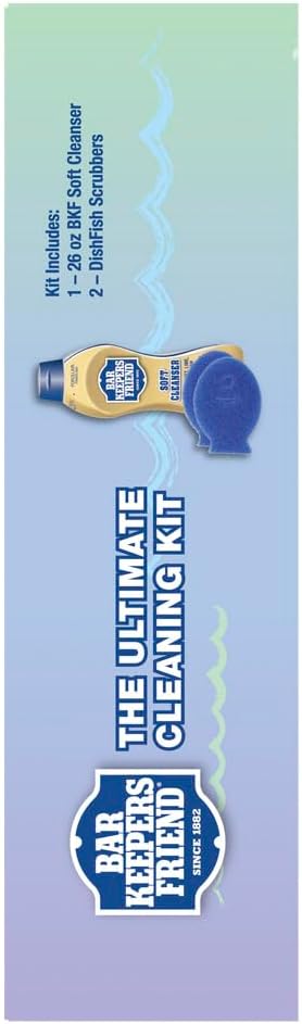 Bar Keepers Friend Ultimate Cleaning Kit | Soft Cleanser Liquid (26 OZ) & Two DishFish Scrubbers | Multipurpose, Stainless Steel, Rust, Soft Cleaner with Heavy Duty Non Scratch DishFish Scrubbers