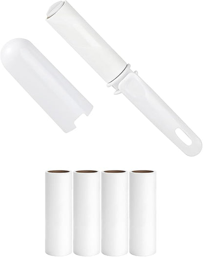 Travel Lint Roller Mini Refillable On The Go Lint Roller with Cover and 4 Refills Total 150 Extra Sticky Sheets for Pet Hair Lint Remover for Clothes (White)