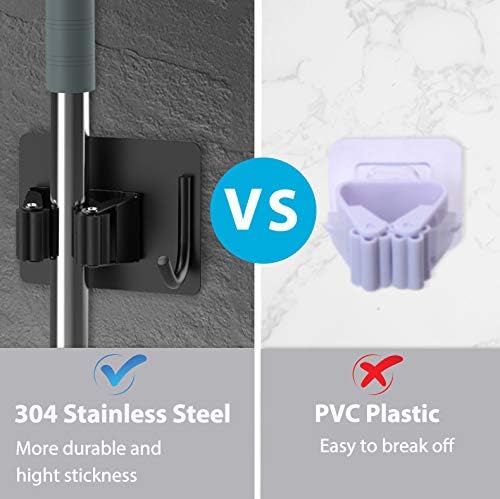 homeasy Mop Broom Holder No Drill, Mop Broom Organizer Wall Mounted Heavy Duty with Hooks Hanger, Self Adhesive Stainless Steel 6Pcs for Bathroom, Kitchen, Office (Black)