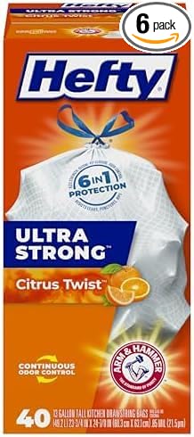 Hefty Ultra Strong Trash Bags 13 Gallon | Tall Kitchen | Drawstring Closure | Odor Control | Citrus Scent | 40 Bags, Pack of 6