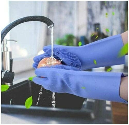 Silicone Dishwashing Gloves, Pet Grooming Rubber Scrubbing for Dishes, Sponge Wash Cleaning with Scrubbers (13.6" L)