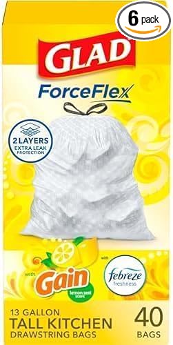 Glad ForceFlex Trash Bags 13 Gallon Gain Lemon Zest | Tall Kitchen | Drawstring | Dual Layer Protection | 40 Count, Pack of 6