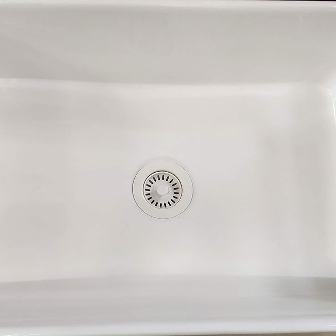 White Polymer Drain Kitchen Sink Drain Assembly with Removable Basket Strainer and Rubber Stopper for 3.5-Inch Drain Openings, Matching Color of Quartz, Granite Sinks