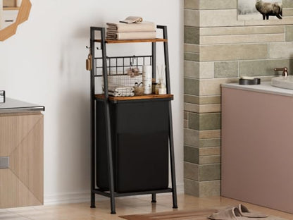 Furnulem Laundry Hamper, Vertical Laundry Basket with 2 Tiers Wooden Shelf and Hooks, Clothes Hamper with Pull-Out and Removable Bag for Bathroom, Bedroom, Dorm, 13.21 Gallons (50L)