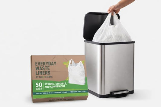 Biodegradable 13 Gallon White Kitchen Trash Bags with Ergonomic Handles (50 Pack) - Extra Strong, Leak-Proof & Thick 1.18 Mil - 15% Thicker Than Most - Fits Standard 13 Gal Cans - Eco-Friendly D2W