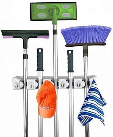 Berry Ave Broom Holder Wall Mount and Garden Tool Organizer, Closet Storage, Kitchen Rack, Home Organization and Garage Organizer for Rake or Mop Handles Up to 1.25-Inches, Hanger Plus 6 Hooks (Grey)