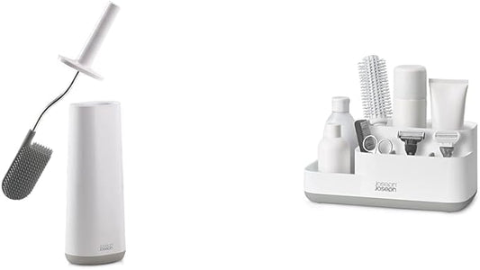 Joseph Joseph Flex - Smart Hygienic Silicone Toilet Brush with Holder Set and EasyStore - Bathroom Storage Caddy Organiser for Bathroom Accessories - Grey/White