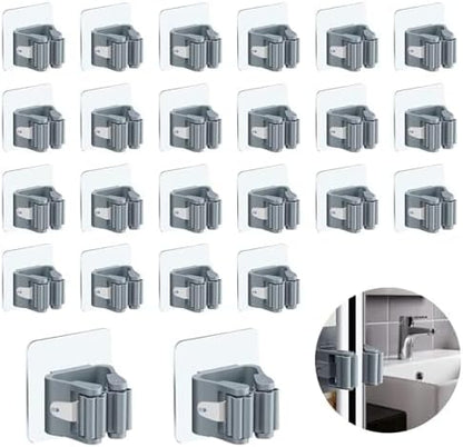 3-H 24-Pack Self Adhesive Broom Holder Wall Mount - Heavy Duty No Drill Broom Organizer for Garage Closet Kitchen, Plastic Storage Rack for Brooms Mops Tools, Peel and Stick Adhesive,Grey