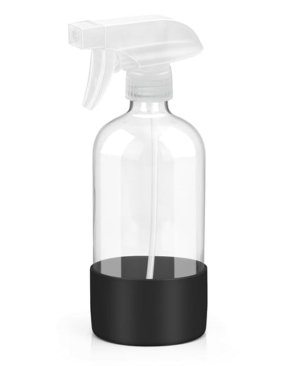 Rionisor Glass Spray Bottles with Silicone Sleeve Protection, Empty 16OZ Reusable Spray Bottles, Refillable Containers with Spray Nozzles for Cleaning Solutions, Plants and Essential Oils 1 Pack Black