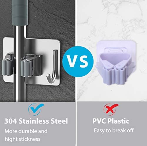 homeasy Mop Broom Holder No Drill, Mop Broom Organizer Wall Mounted Heavy Duty with Hooks Hanger, Self Adhesive Stainless Steel 6Pcs for Bathroom, Kitchen, Office (Silver)