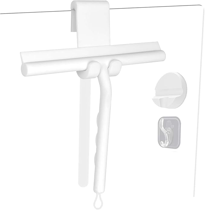 Squeegee for Shower Glass Doors, Resilient Loop - No-Drill & Adhesive Hook, Silicone Shower Squeegee with Stainless Steel Core, Cleaning Tool for Home, Kitchen, Bathroom & Car - White