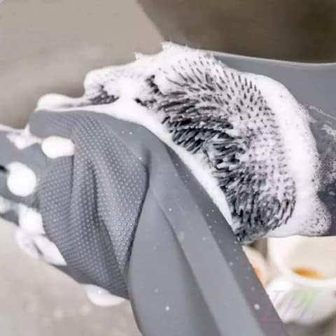 Silicone Dishwashing Gloves, Pet Grooming Rubber Scrubbing for Dishes, Sponge Wash Cleaning with Scrubbers (13.6" L)