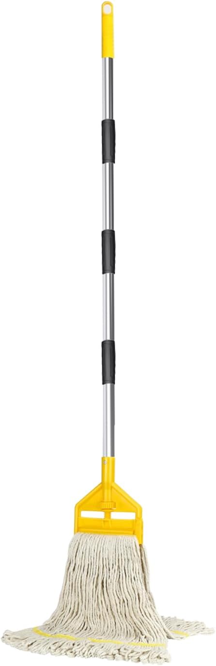 KULED Heavy Duty Industrial Mop, Commercial Cotton Mop with 59 Inch Handle, Looped-End String Wet Mops with 2 Heads for Floor Cleaning, Workshop, Warehouse, Home and Garage