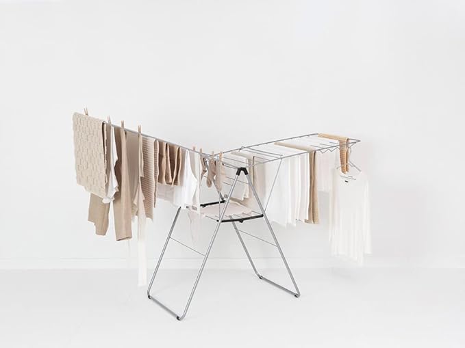 Brabantia HangOn Clothes Drying Rack | 82ft (25m) | Metallic Gray | Large Indoor Clothes Airer Laundry Stand with 2 Fold-Out Wings & Hanger Hooks, Folds Flat | Fits 2 Full Loads
