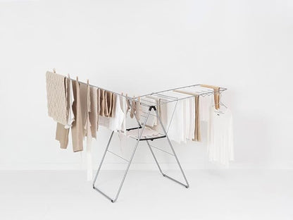 Brabantia HangOn Clothes Drying Rack | 82ft (25m) | Metallic Gray | Large Indoor Clothes Airer Laundry Stand with 2 Fold-Out Wings & Hanger Hooks, Folds Flat | Fits 2 Full Loads