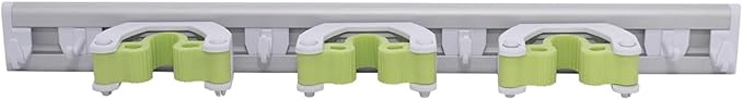 Pine-Sol Mop and Broom Holder - Hanging Wall Mount Storage Rack with 3 Slots and 6 Hooks - Adjustable Cleaning Tool Organizer for Garage, Kitchen, and Utility Closet