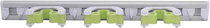 Pine-Sol Mop and Broom Holder - Hanging Wall Mount Storage Rack with 3 Slots and 6 Hooks - Adjustable Cleaning Tool Organizer for Garage, Kitchen, and Utility Closet