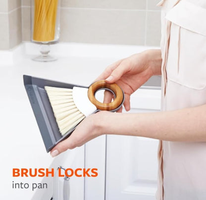 Full Circle Tiny Team Mini Compact Brush & Dustpan Set, Portable Handheld Broom for Quick Cleanups, Ideal for Home, Bathroom, Kitchen Countertops. Bamboo Hand Broom & Small Crumb Sweeper, White