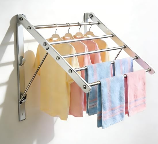 Wall Mounted Clothes Drying Rack, 24'' Retractable Foldable Laundry Drying Rack with 5 Stainless Steel Rods, Space Saving & Easy Installation for Laundry Bathroom Apartments-White
