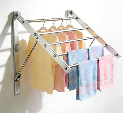 Wall Mounted Clothes Drying Rack, 24'' Retractable Foldable Laundry Drying Rack with 5 Stainless Steel Rods, Space Saving & Easy Installation for Laundry Bathroom Apartments-White