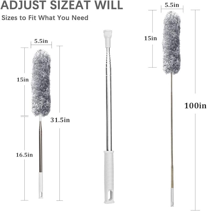 Microfiber Feather Duster Extendable Duster with 100 inches Extra Long Pole, Bendable Head & Long Handle Dusters for Cleaning Ceiling Fan, High Ceiling, Blinds, Furniture & Cars