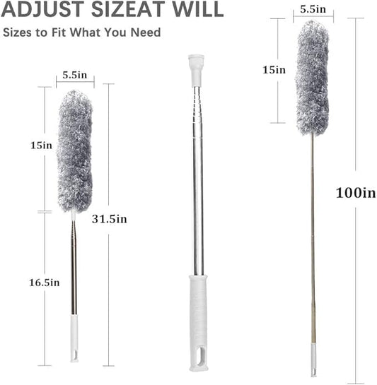 Microfiber Feather Duster Extendable Duster with 100 inches Extra Long Pole, Bendable Head & Long Handle Dusters for Cleaning Ceiling Fan, High Ceiling, Blinds, Furniture & Cars