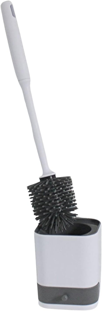 Silicone Toilet Brush with Holder – Wall-Mounted or Freestanding, No-Drill Adhesive Mount, Fast-Drying Ventilated Design with Drip Tray – Long Handle for Deep Cleaning, Compact for Small Bathrooms