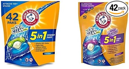 Bundle of Arm & Hammer OxiClean 5-in-1 Laundry Detergent Power Paks, 42 Count + OxiClean With Odor Blasters Laundry Detergent 5-in-1 Power Paks, 42CT