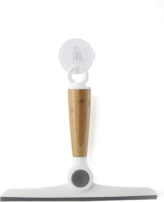 Full Circle Wipe Out, Pivoting Shower Squeegee with Hanging Hook and Suction Cup, Durable Bamboo Handle, White