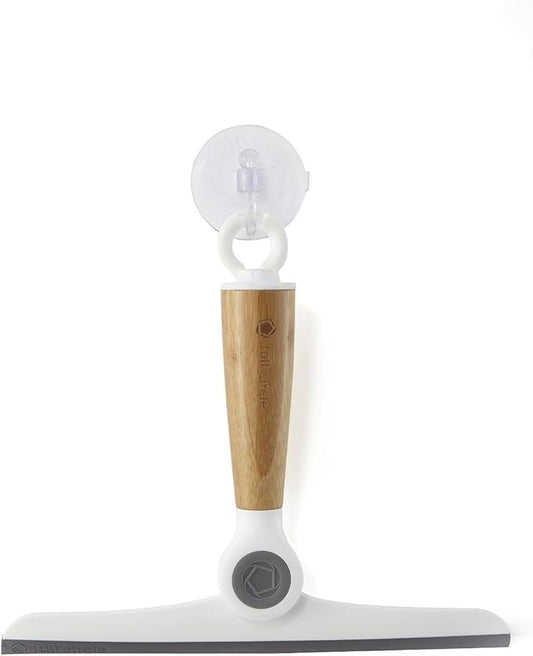 Full Circle Wipe Out, Pivoting Shower Squeegee with Hanging Hook and Suction Cup, Durable Bamboo Handle, White
