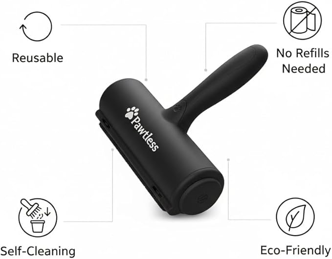 Pet Hair Remover Black - Reuseable Dog & Cat Hair Remover for Furniture, Clothes, Carpet, Car interiors- Eco-Friendly Lint Roller with Self-Cleaning Chamber- No Adhesive, No Refills Needed