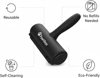 Pet Hair Remover Black - Reuseable Dog & Cat Hair Remover for Furniture, Clothes, Carpet, Car interiors- Eco-Friendly Lint Roller with Self-Cleaning Chamber- No Adhesive, No Refills Needed