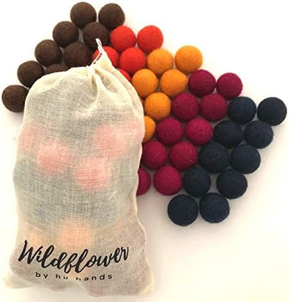 Happy Harvest Wool Felt Balls - 100% Handmade Pom Poms - (50) Pure New Zealand Wool Felt Balls - DIY Pompoms - Approximately 1" Size - Drawstring Muslin Bag