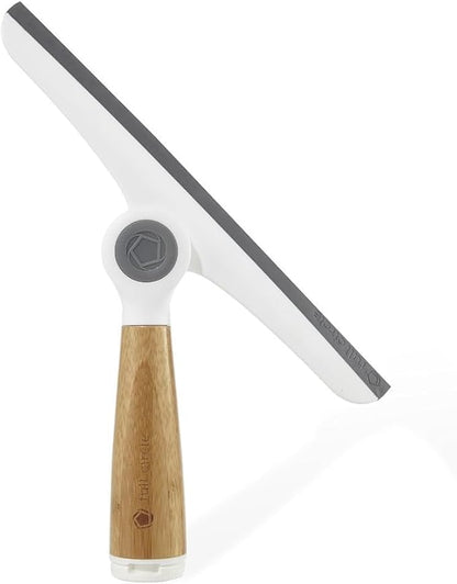 Full Circle Wipe Out, Pivoting Shower Squeegee with Hanging Hook and Suction Cup, Durable Bamboo Handle, White