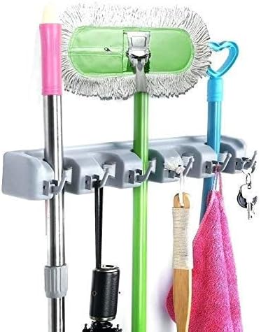 Berry Ave Broom Holder Wall Mount and Garden Tool Organizer, Closet Storage, Kitchen Rack, Home Organization and Garage Organizer for Rake or Mop Handles Up to 1.25-Inches, Hanger Plus 6 Hooks (Grey)