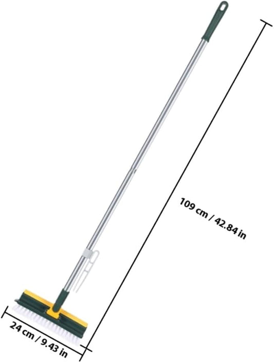 Multi-Purpose Long Handle Floor Scrub Brush with Squeegee, Stiff Bristles Bathroom Floor Scrubber for Shower and Carpet Cleaning, Green Household Cleaning Brush